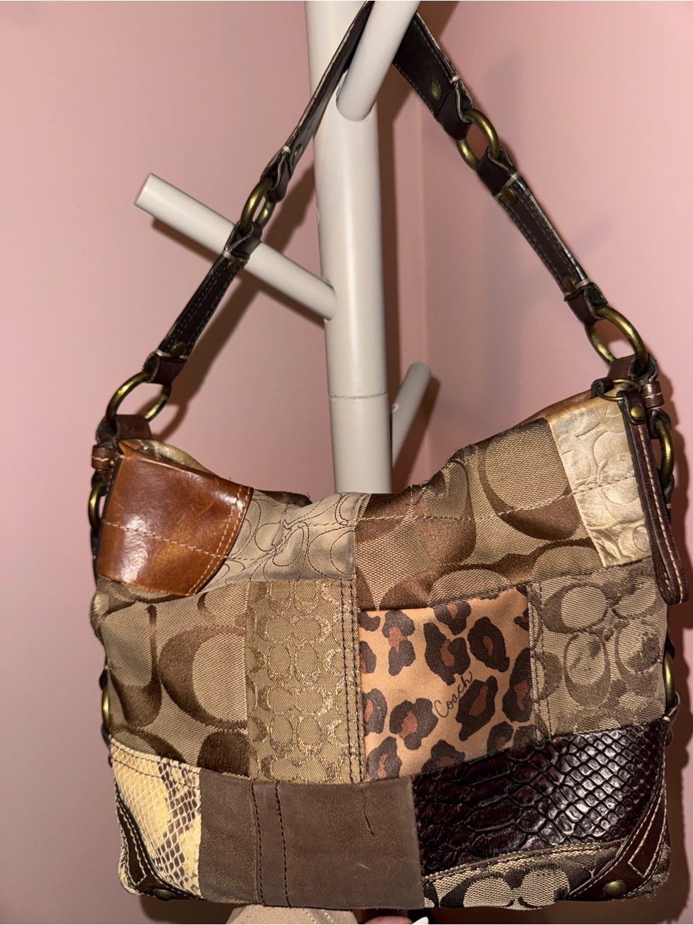 Coach Brown Patchwork Hobo Bag with Leopard Accent